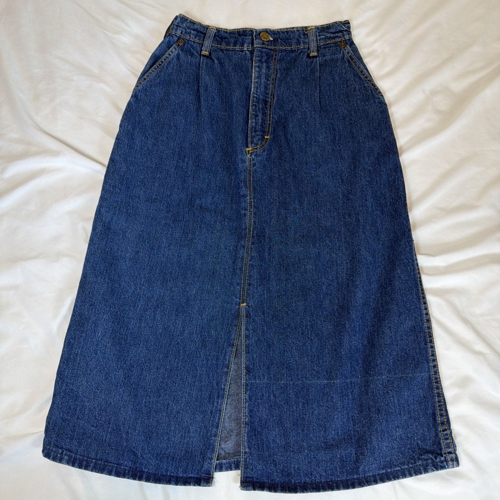 VTG Oshkosh Blue Jean Denim Midi Skirt Women's Pleated Pockets Size 5 USA